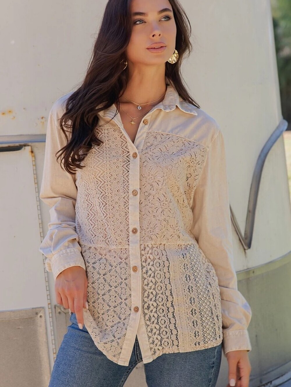 Young Threads Crochet Lace Button Down Boho Patchwork Top Neutral Small
